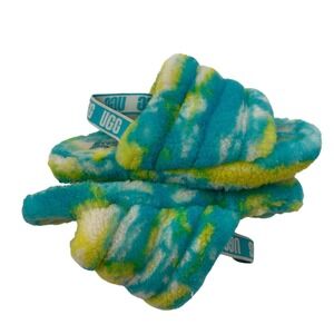 UGG Fluff Yeah Slide Tie Dye Turquoise Green Blue Sheepskin Slippers Women S 6.5